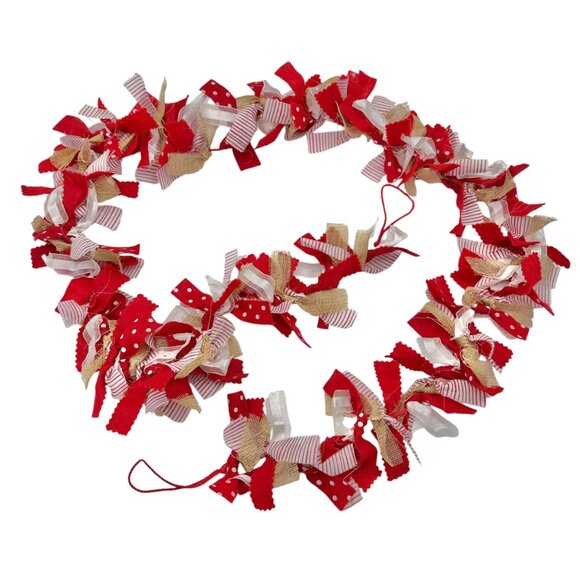 Handcrafted 68" Garland Red White and Brown Burlap and Fabric Hanging Rope Ends - Picture 1 of 5